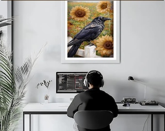 Crow in Sunflower Field, DIY, Diamond Painting Kit, Diamond Art on Canvas, Full Kit, Field of Flowers with White Fence and Crow Watching