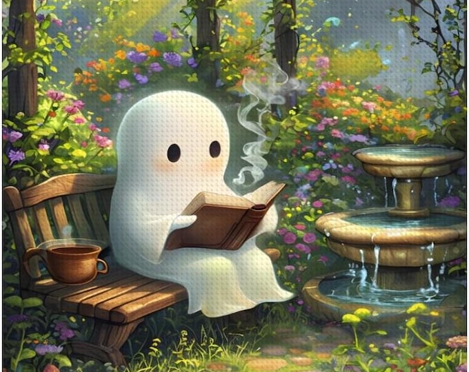 Garden Ghost Reading, Diamond Painting, DIY Art Full Kit, 16x20 Art, Free Shipping, Craft Kit, Creative Gift, Diamond Art,