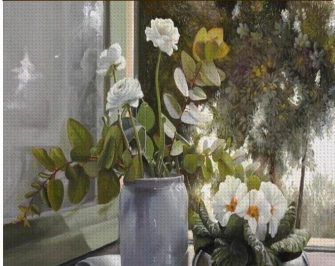 White Flowers Diamond Painting Kit: Guido Borelli Vintage Floral Window, Adult Craft Kit Art
