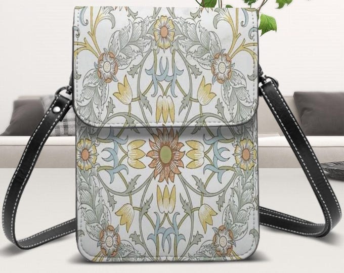 Leather Cell Phone Purse With Shoulder Strap, William Morris Art, Vintage Antique Artwork, Phone Bag