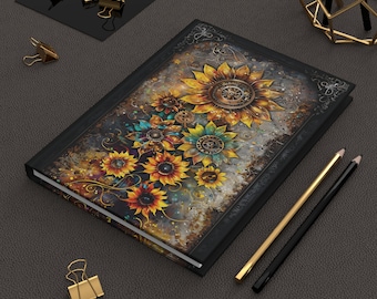 Hardcover Journal, Sunflowers, Steampunk Design, unique Antique look, Vintage Notebook, Retro Diary, Rustic Sketchbook, Gift, Floral, Gears
