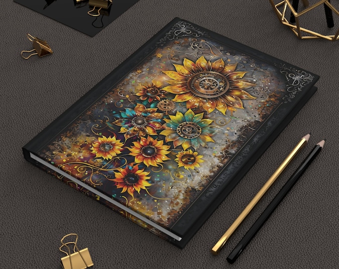 Hardcover Journal, Sunflowers, Steampunk Design, unique Antique look, Vintage Notebook, Retro Diary, Rustic Sketchbook, Gift, Floral, Gears