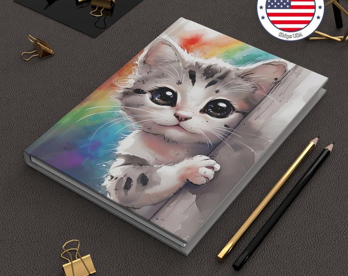 Adorable Cat Hardcover Journal, Cute Kitty Notebook for Cat Lovers, Gift for Students, Animal Lover Journal, Rainbow Design