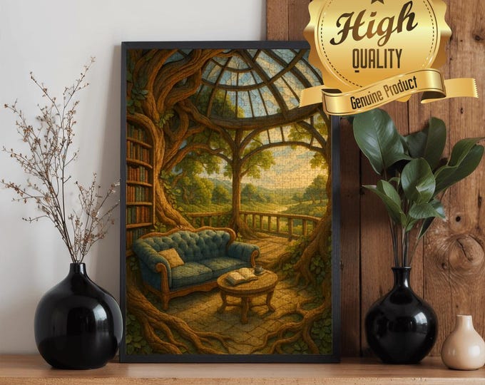 Tree House Library Scenic View, Wooden Jigsaw Puzzle 500 or 1000 Pieces | Treehouse Lounge Art Puzzle | UV Printed Oak Wood Puzzle | Gift