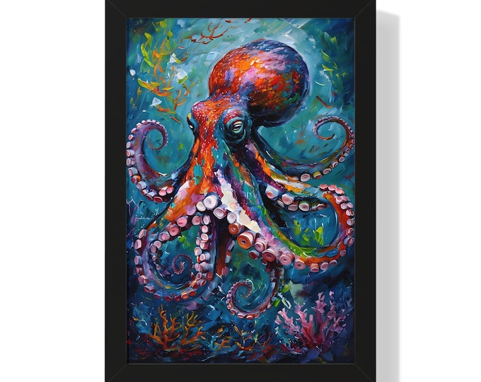 Colorful Octopus Abstract Art Print with MDF Frame, Nautical Ocean Theme Wall Decor for Home Office and Living Room with Hanging Hardware