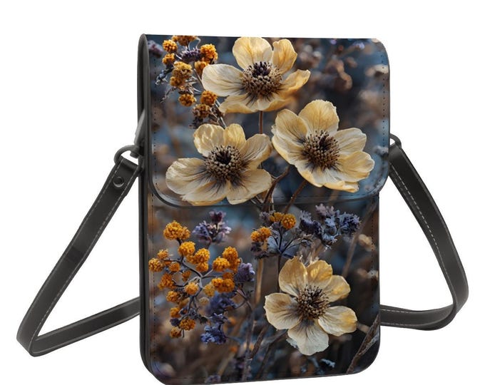 Dried Flowers, Leather Cell Phone Purse With Shoulder Strap Yellow Flowers