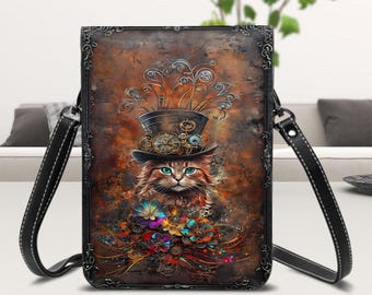 Unique Design Leather Cell Phone Purse, Steampunk Orange Cat, Original Artwork, Shoulder Strap Handbag