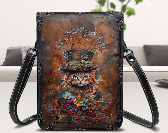 Unique Design Leather Cell Phone Purse, Steampunk Orange Cat, Original Artwork, Shoulder Strap Handbag
