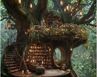 TreeHouse Library, Dream Life, Expansive MultiLevel Treehouse, Magical Lantern and Candles, Diamond Art Kits, Horizontal or Vertical, PBN
