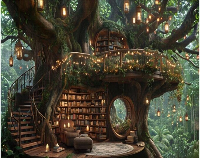 TreeHouse Library, Dream Life, Expansive MultiLevel Treehouse, Magical Lantern and Candles, Diamond Art Kits, Horizontal or Vertical, PBN