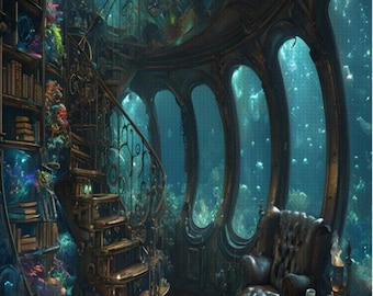 Steampunk Submarine View DIY Diamond Painting Kit: Library Garden Oceanview