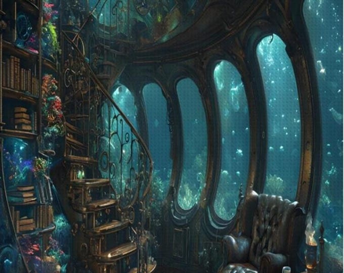 Steampunk Submarine View DIY Diamond Painting Kit: Library Garden Oceanview