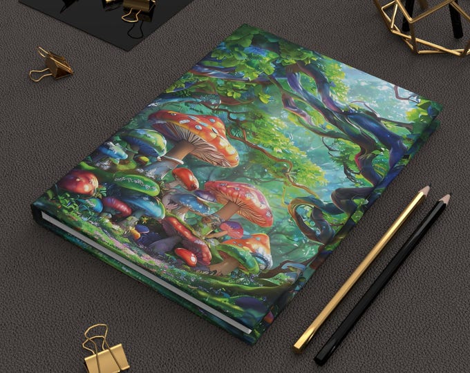 Mushroom Forest, Hardcover Journal, Vibrant Art Fantasy Notebook, Magical Forest Diary, Nature Lover Gift, Writing Journal for Women and Men
