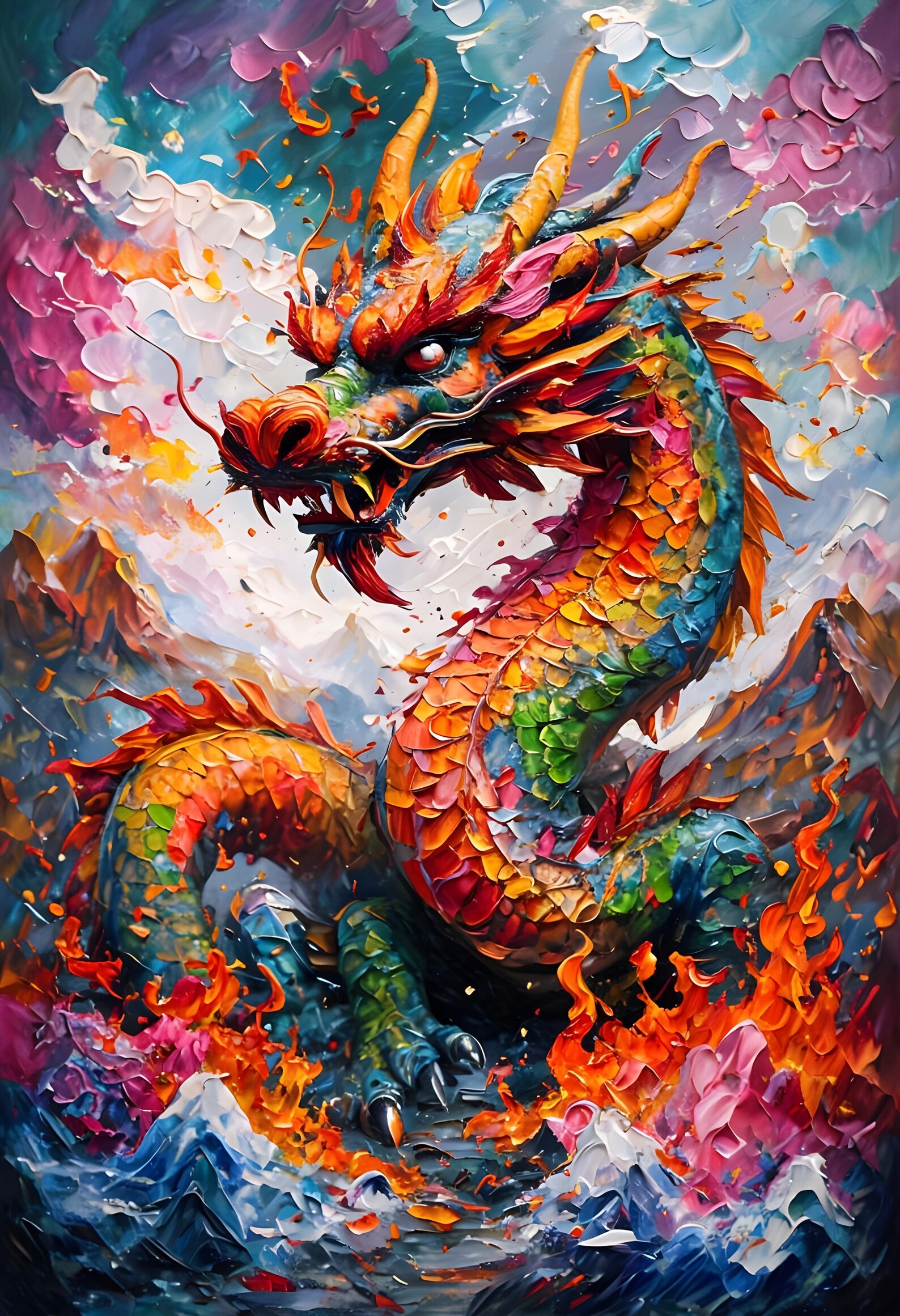 Dragon Wall Art, Modern Abstract Oil Painting Bright Dragon, Framed ...
