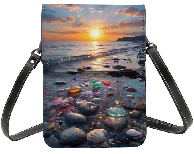 Sea Glass Sunset Leather Crossbody Phone Bag: 2-Pocket Design
