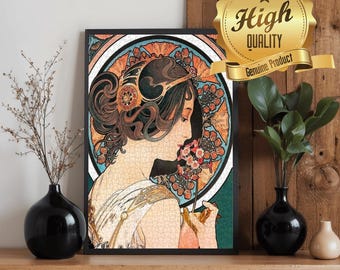 Mucha Style Wooden Jigsaw Puzzle – Art Nouveau Woman UV Print