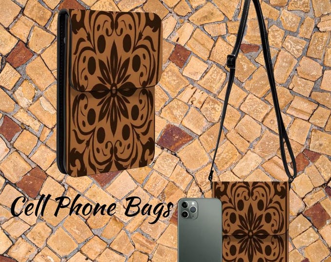 Leather Cell Phone Purse With Shoulder Strap Brown Mosaic Design, Elegant Pattern in Brown Suedes, Adjustable, Removable Strap