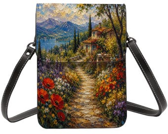 Mountain Path Phone Purse for Women, Scenic Landscape Crossbody Bag, Wildflower Cell Phone Wallet, Nature Handbag, Hiking Lover Gift