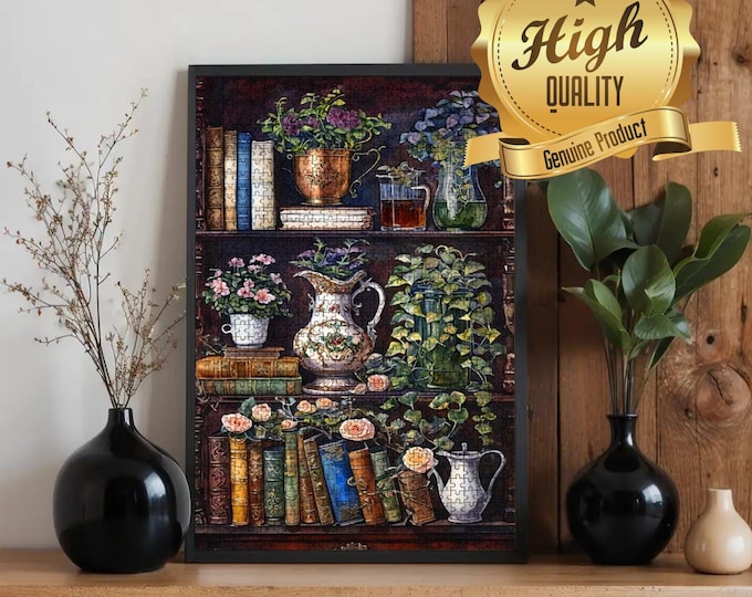 Cottagecore Bookshelf Jigsaw Puzzle | Oak Wood Tea Set & Flowers