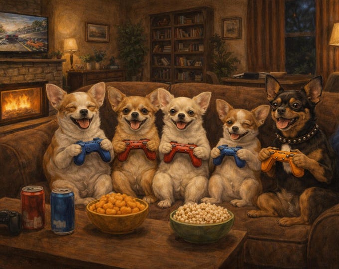 Chihuahua Video Game Wooden Puzzle: Gaming Dogs, Cozy Night Scene (500/1000 Piece)