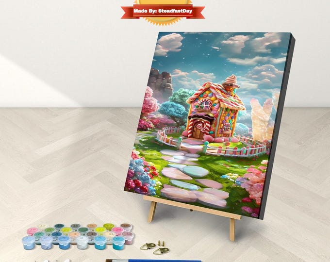Candy Cottage, Framed  or Frameless, Paint by Numbers Kit with Stand, PBN Full Craft Kit, Color by Number, Unique Magical Land Art, DIY