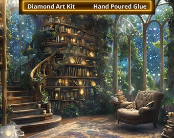 Dream Library, DIY Diamond Painting, Star Filled Sky Library Reading Garden Lounge Room, Diamond Art Kit, PBN, Full Craft Kit, Starry Night