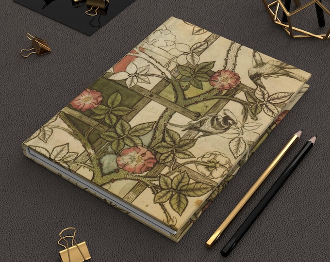 Vintage Art Design, William Morris Hardcover Journal, Antique Floral Woodpecker Art Design Notebook, Matte Cover, Great Gift Idea