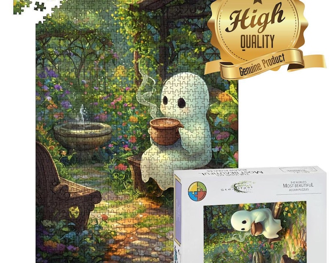 Ghost Drinking Coffee in the Garden, Wooden Jigsaw Puzzle, Precision Cut High Quality, Ghost Inspired Puzzle, 500 or 1000 pieces, Family