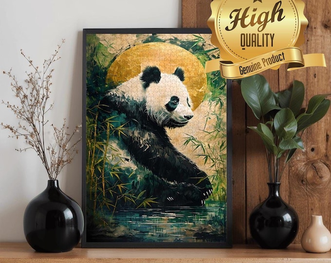 Panda Wooden Puzzle 300 500 1000 Pieces | Wildlife Panda Art Jigsaw Puzzle | Bamboo Moon Fantasy Puzzle Gift for Adults
