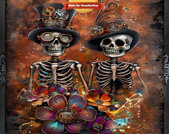 Skeleton Couple with Goggles Art, Framed Paint by Numbers Kit, Steampunk Design, Adult Craft, Suede Brown Background, Paint by Number, Color