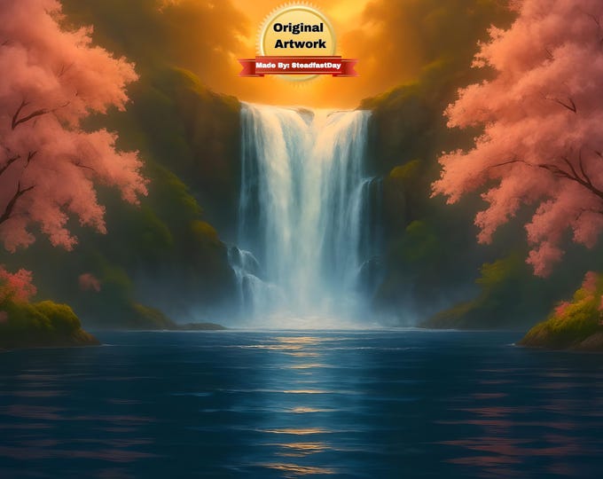 Vibrant Nature, Framed Paint by Numbers Kit for Adults with Stand, waterfall with pink blossoms, Full Art Craft Kit, PBN, Sunset Art