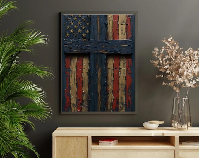 Patriotic Wall Art Print, Rustic American Flag Decor, Fine Art Poster for Home, Unique Gift for Veterans, Independence Day