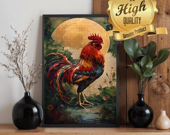 Majestic Rooster Wooden Puzzle 300 500 1000 Pieces | Full Moon Farm Art Jigsaw Puzzle | Rustic Animal Puzzle Gift for Adults