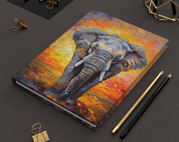 Elephant Hardcover Journal, Nature Lover Animal Lover Notebook, Vibrant Sunset Background, Gift for Wildlife Enthusiast, Eco-Friendly Diary,