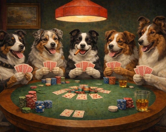 Dogs Playing Poker Wooden Jigsaw Puzzle: Border Collie, Aussie Herding Breeds