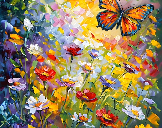 Flower Garden, Oak Wood Jigsaw Puzzle: Colorful Butterfly & Flowers Oil Painting Design - 500 or 1000 Pieces