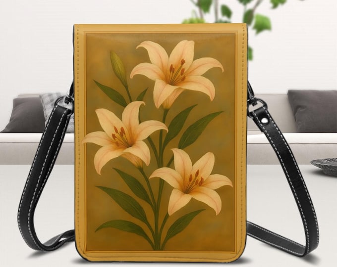 Lillies Art, Leather Cell Phone Purse With Shoulder Strap or Crossbody, Vintage Design Look Lillies Framed, Microfiber PU Leather,