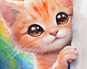 Rainbow Kitty Diamond Painting Kit - Bright & Colorful DIY Art 16”x20” ,Cute Orange kitten