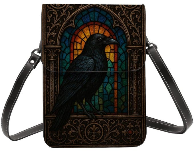 Stained Glass Raven Cell Phone Purse, Gothic Crossbody Bag for Women, Small Phone Wallet, PU Leather Shoulder Bag, Dark Fantasy Gift, Crow