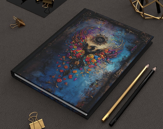 Phoenix Floral Blue Background, Journal, Unique Original Design Hardcover Matte Notebook, Framed Look Gift Diary Notepad Sketchbook, Writing
