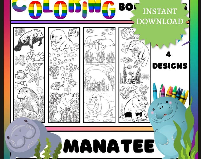 Adorable Manatee Coloring Bookmarks Set, Intricate Animal Designs, Instant Download PDF, Fun Library Activity, Digital Art Crafting