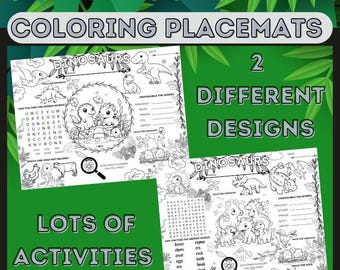 Fun Dinosaur Coloring Placemat Activity Page Bundle, Digital Download, Kids Printable - Word Search, Scramble, Educational Activities