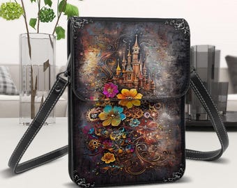 Steampunk Floral Castle, Leather Cell Phone Purse With Shoulder Strap, Framed Design, Vibrant Flowers
