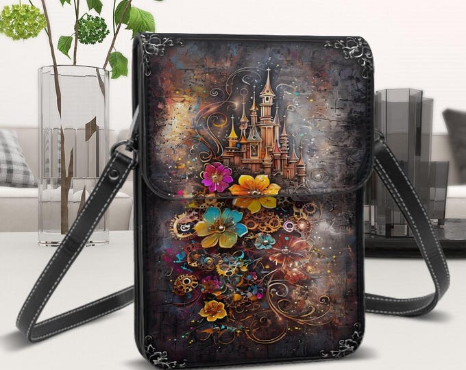 Leather Cell Phone Purse With Shoulder Strap, Framed Castle with Flowers, Steampunk