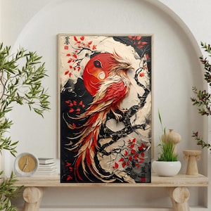 Elegantes Phoenix Fine Art Poster | Wanddekoration, Roter Kunstdruck, Feng Shui, Wohnzimmer Dekor, Geschenk für Kunstliebhaber