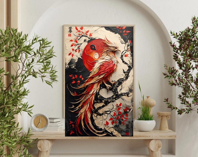 Elegant Phoenix Fine Art Poster | Wall Decor, Red Art Print, Feng Shui, Living Room Decor, Gift for Art Lovers