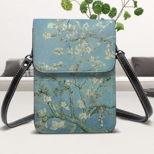 Monedero de piel para móvil con bandolera, diseño de flores de almendro de VAN GOGH, cartera cruzada para móvil, monedero pequeño de piel sintética con ranuras para tarjetas.