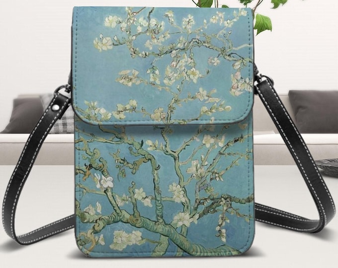 Leather Cell Phone Purse With Shoulder Strap, Almond Blossoms by VAN GOGH, Crossbody Phone Wallet – Small Faux Leather Purse with Card Slots