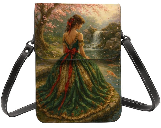 Victorian Lady Cell Phone Purse, Vintage Garden Crossbody Phone Bag for Women, Koi Pond, Cherry Blossoms, Romantic Art Phone Wallet, Gift
