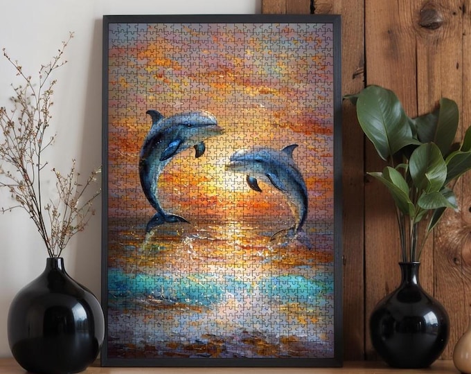 Dolphins at Sunset Wooden Jigsaw Puzzle - Family Activity (500 or 1000 Pieces)